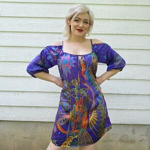 100% Silk VOOM By Joy Han Colorful Maximalist Off Shoulder Dress